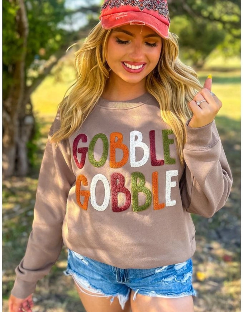 Dark Khaki GOBBLE Letter Graphic Thanksgiving Shift Sweatshirt