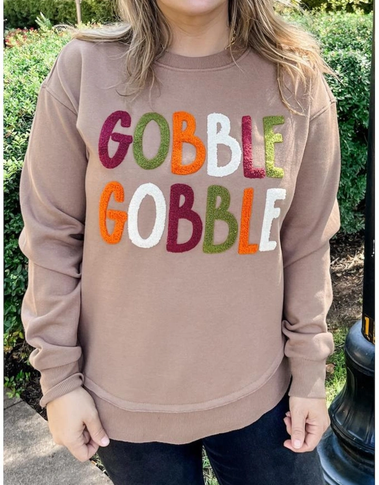 Dark Khaki GOBBLE Letter Graphic Thanksgiving Shift Sweatshirt