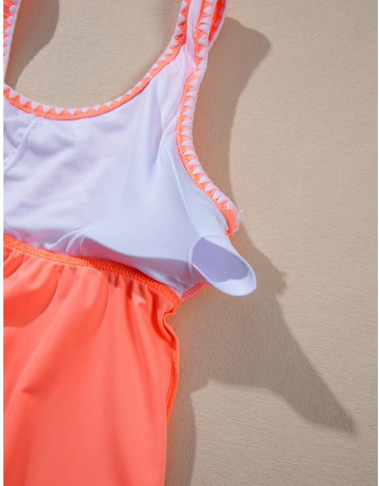 Fresh Salmon Contrast Trim Ruffled Peplum Top Tankini Swimsuit