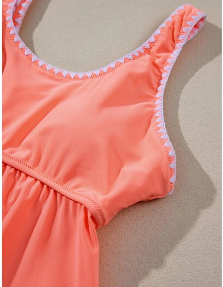 Fresh Salmon Contrast Trim Ruffled Peplum Top Tankini Swimsuit