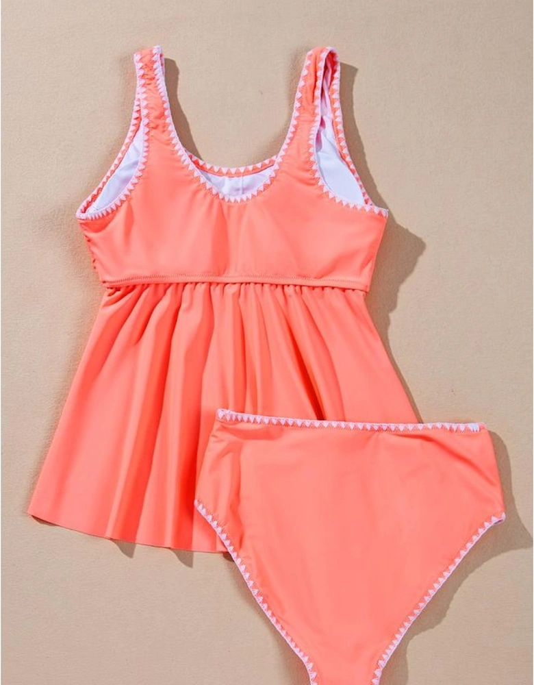 Fresh Salmon Contrast Trim Ruffled Peplum Top Tankini Swimsuit