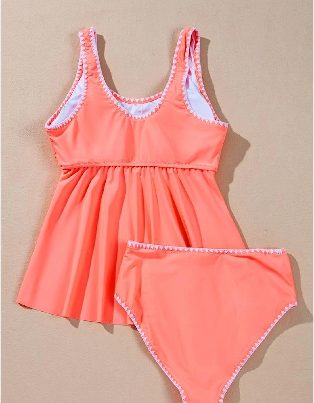 Fresh Salmon Contrast Trim Ruffled Peplum Top Tankini Swimsuit