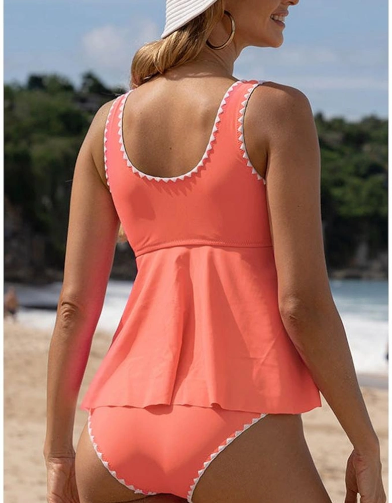 Fresh Salmon Contrast Trim Ruffled Peplum Top Tankini Swimsuit