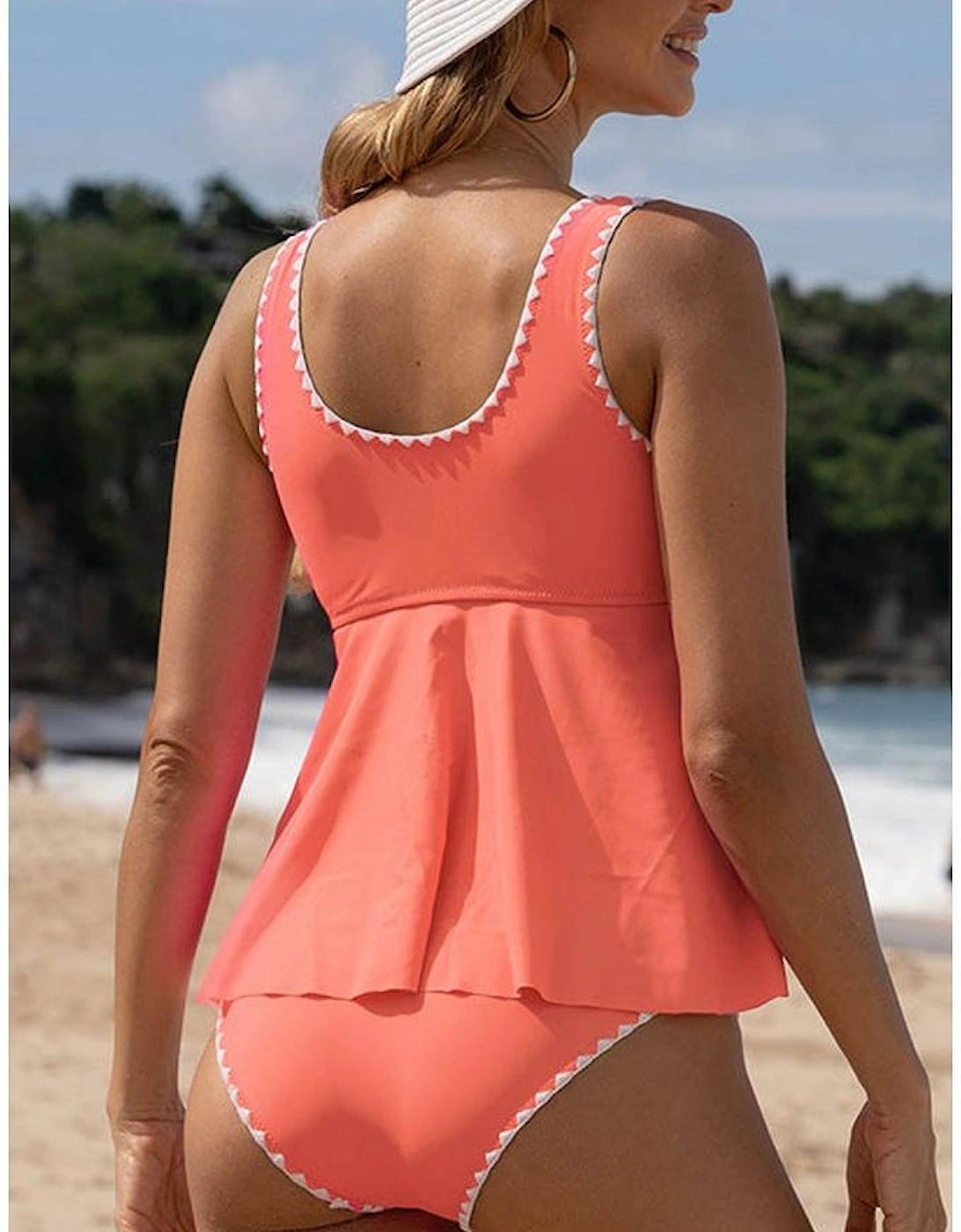 Fresh Salmon Contrast Trim Ruffled Peplum Top Tankini Swimsuit