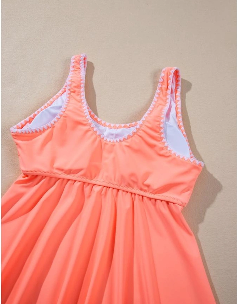 Fresh Salmon Contrast Trim Ruffled Peplum Top Tankini Swimsuit