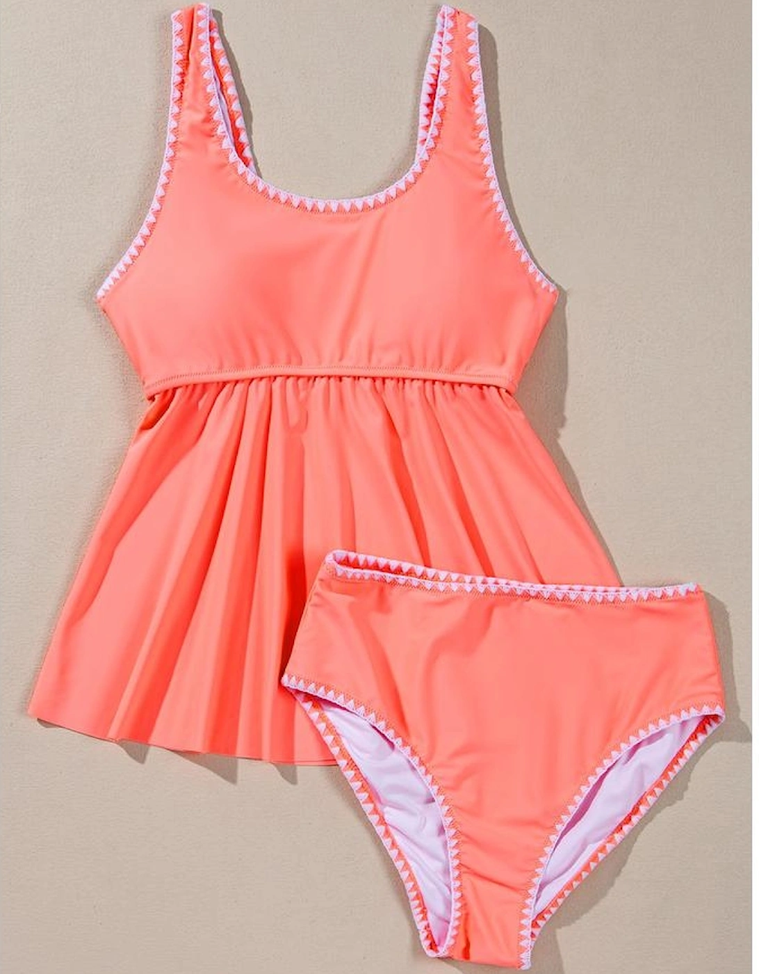 Fresh Salmon Contrast Trim Ruffled Peplum Top Tankini Swimsuit