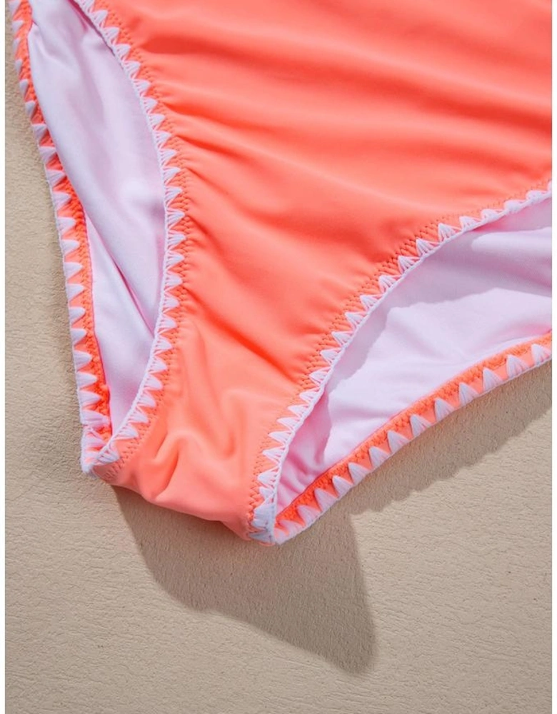 Fresh Salmon Contrast Trim Ruffled Peplum Top Tankini Swimsuit