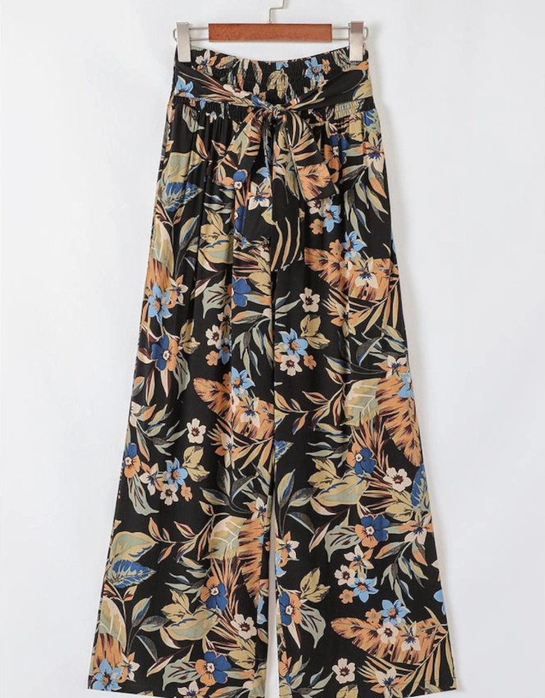 Multicolour Floral Shirred High Waist Wide Leg Pants with Tie