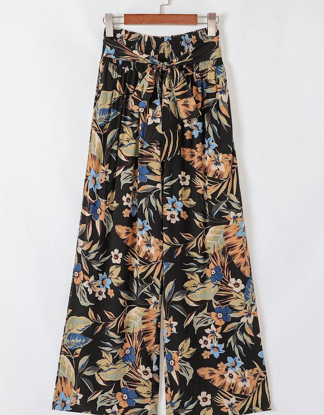 Multicolour Floral Shirred High Waist Wide Leg Pants with Tie
