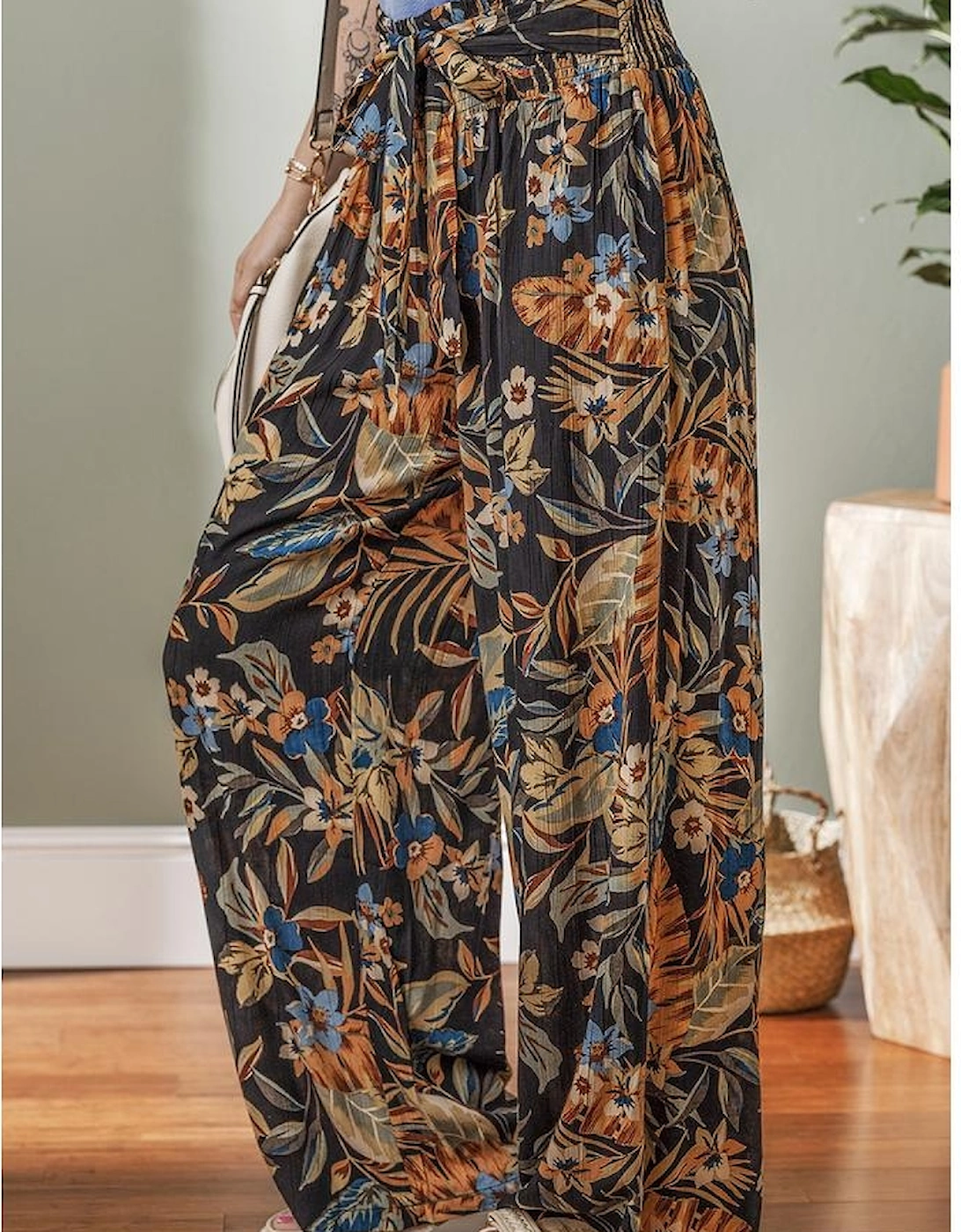 Multicolour Floral Shirred High Waist Wide Leg Pants with Tie