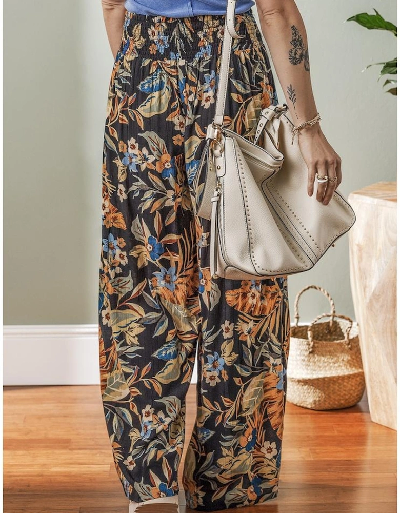 Multicolour Floral Shirred High Waist Wide Leg Pants with Tie