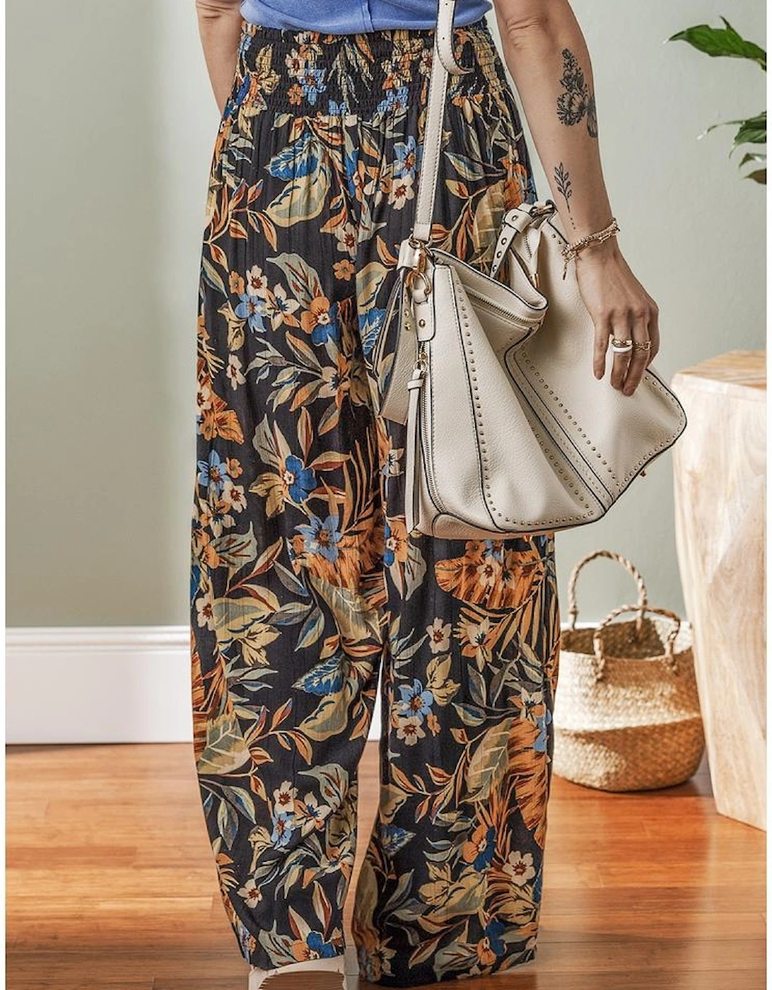 Multicolour Floral Shirred High Waist Wide Leg Pants with Tie, 15 of 14