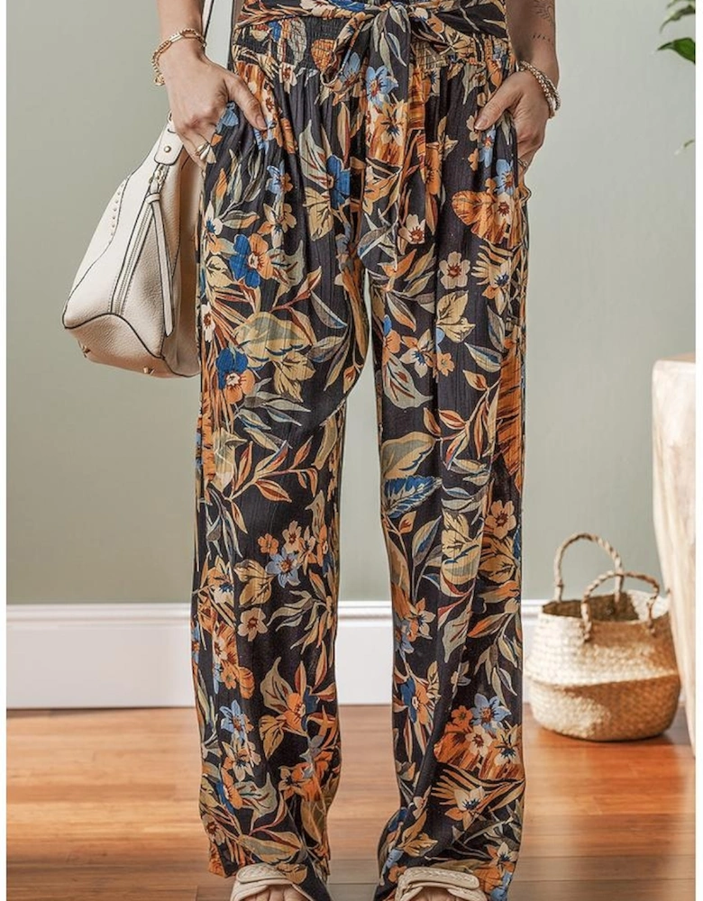 Multicolour Floral Shirred High Waist Wide Leg Pants with Tie