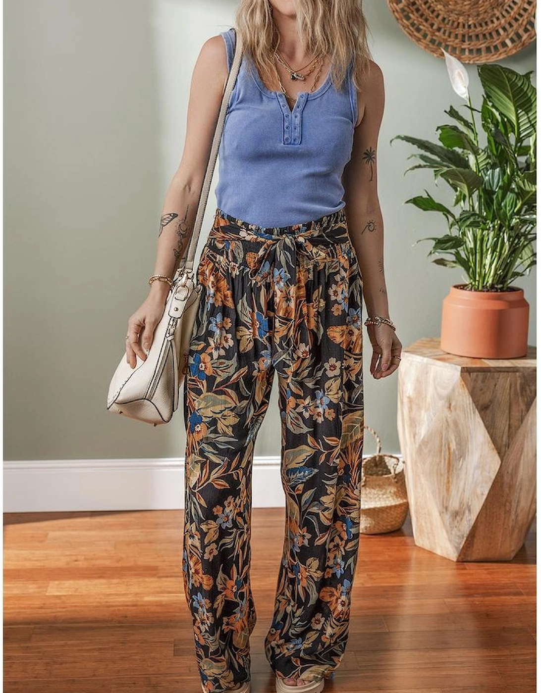 Multicolour Floral Shirred High Waist Wide Leg Pants with Tie