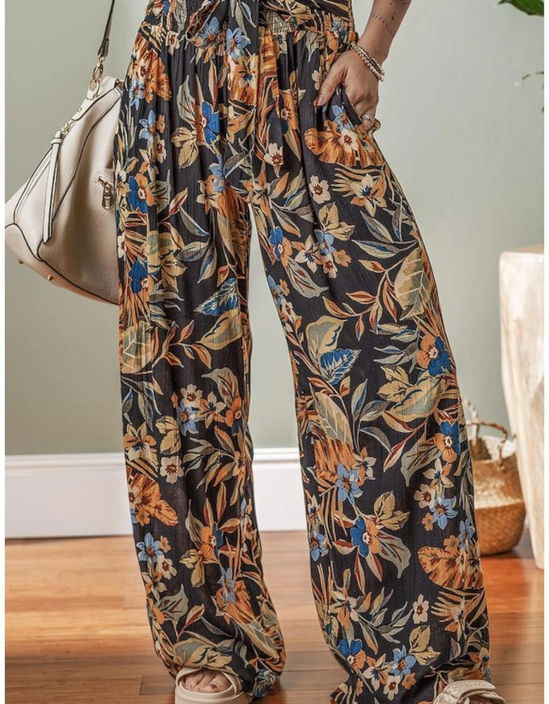 Multicolour Floral Shirred High Waist Wide Leg Pants with Tie