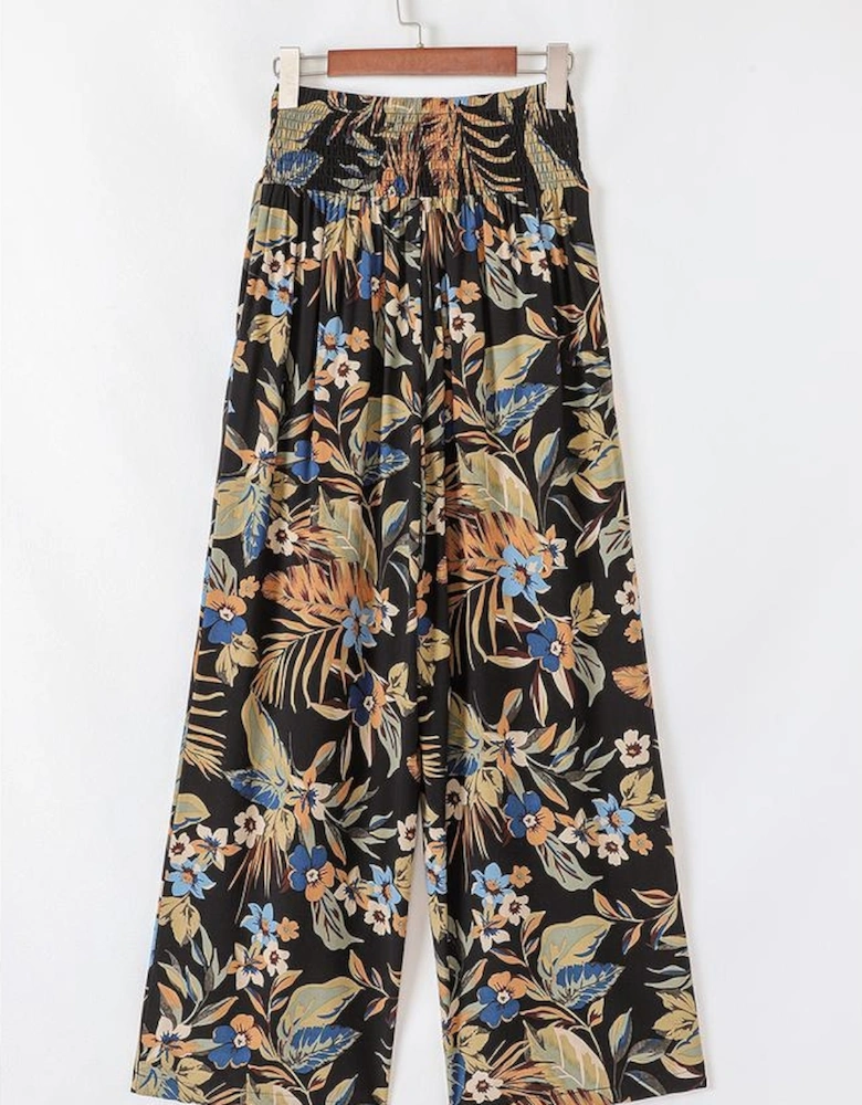 Multicolour Floral Shirred High Waist Wide Leg Pants with Tie