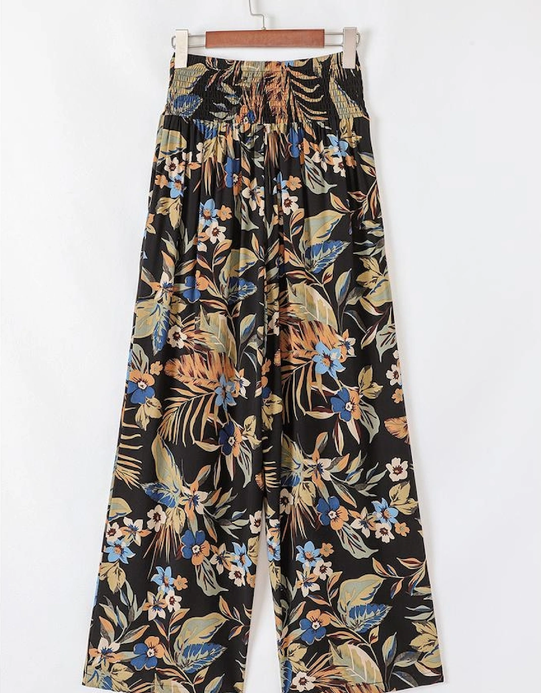 Multicolour Floral Shirred High Waist Wide Leg Pants with Tie