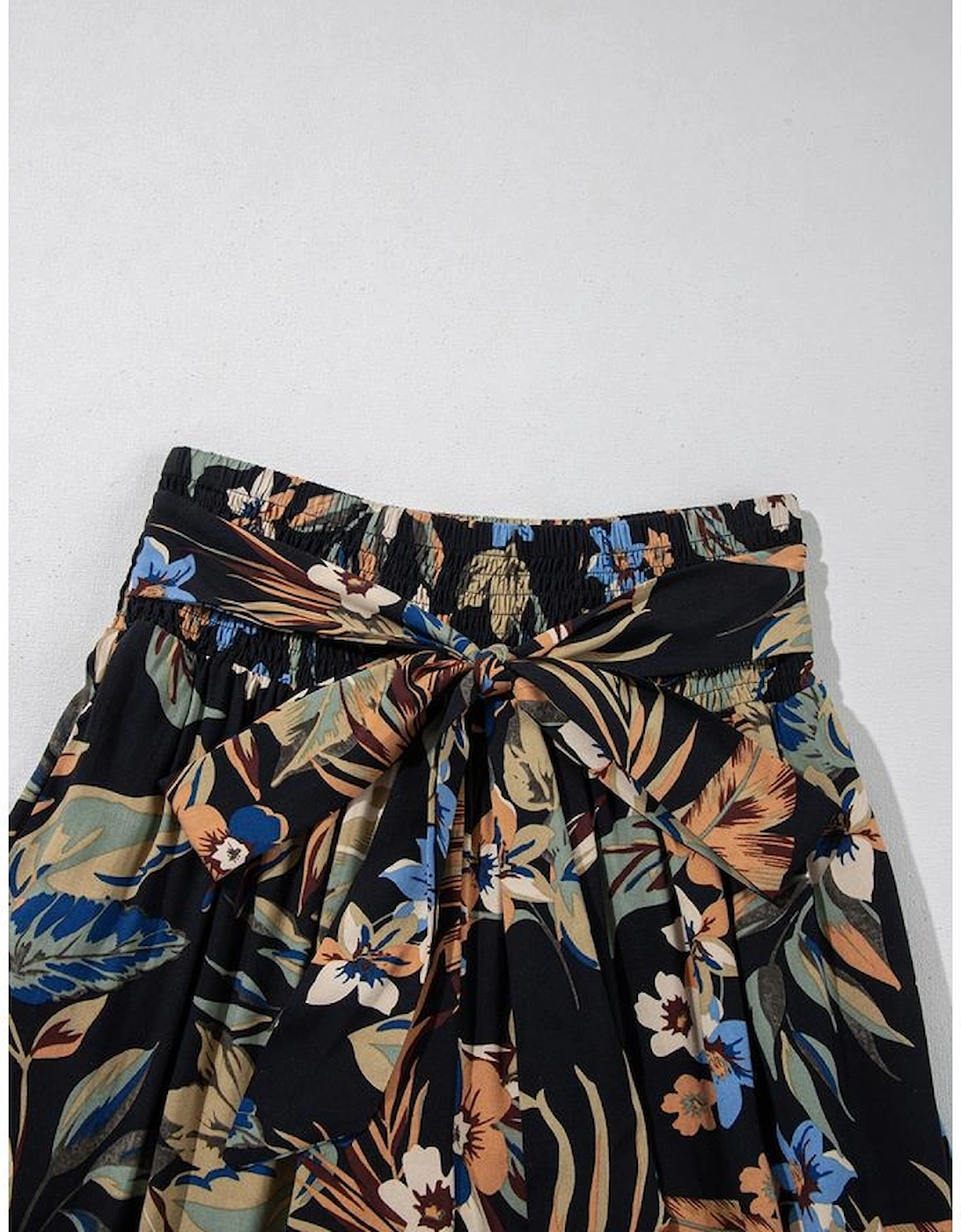 Multicolour Floral Shirred High Waist Wide Leg Pants with Tie