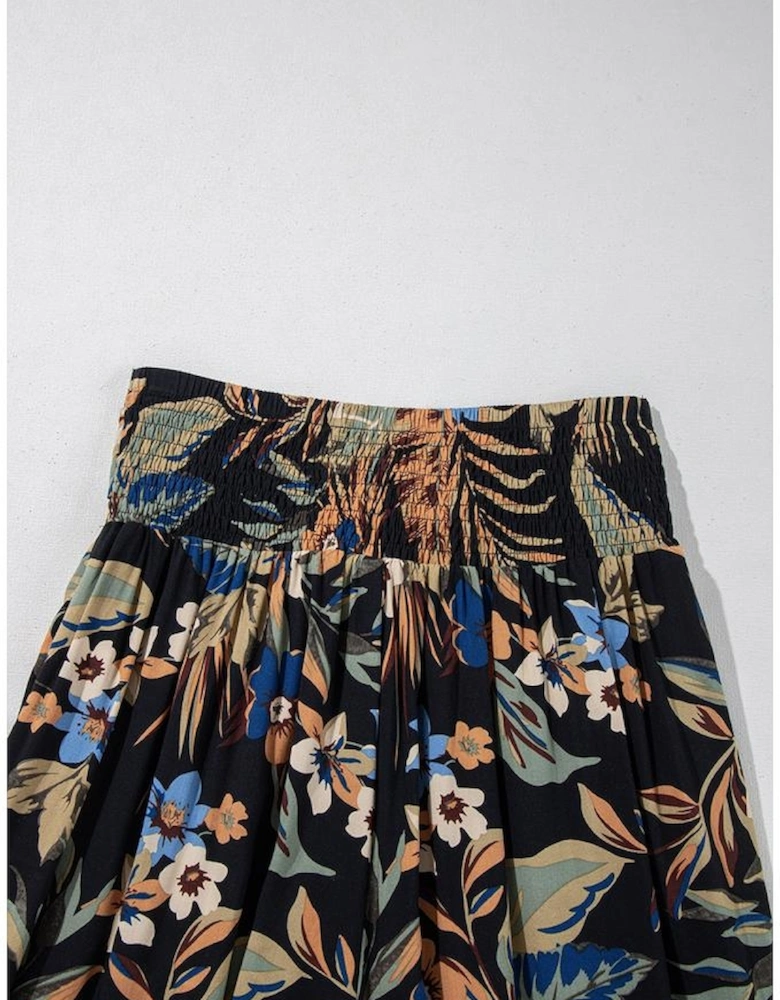 Multicolour Floral Shirred High Waist Wide Leg Pants with Tie