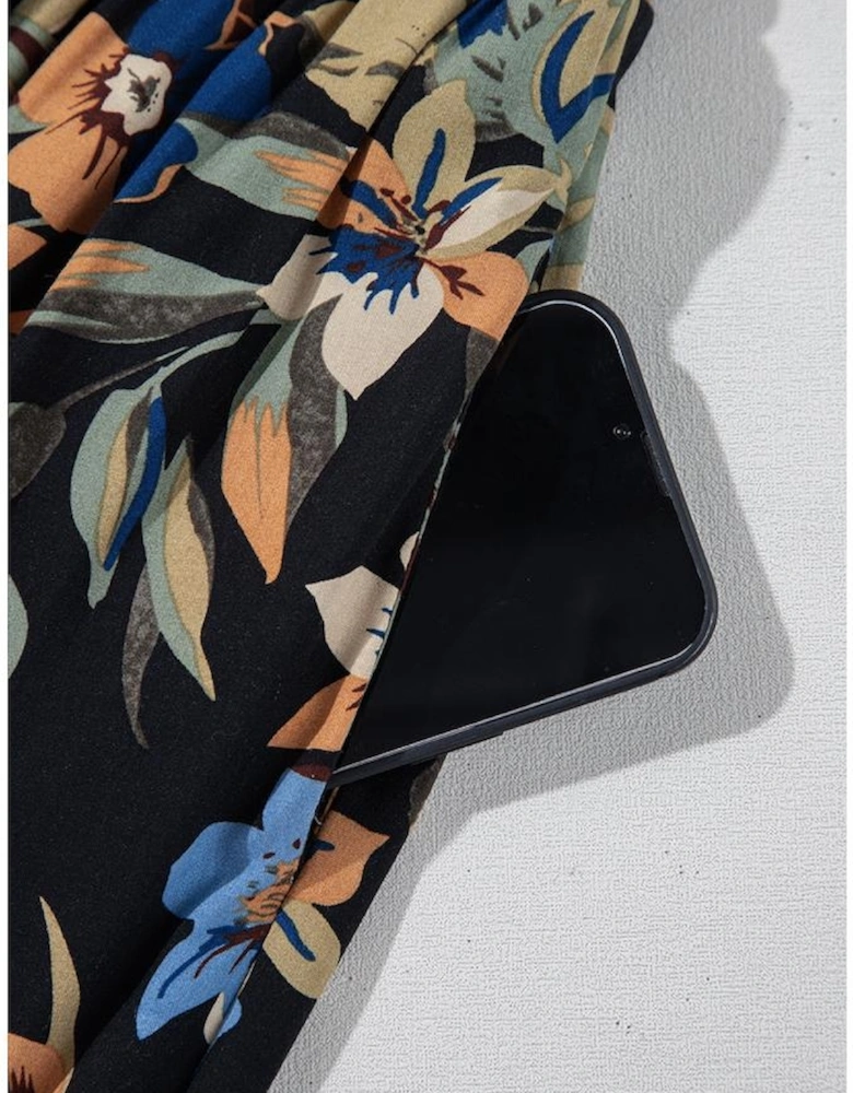 Multicolour Floral Shirred High Waist Wide Leg Pants with Tie