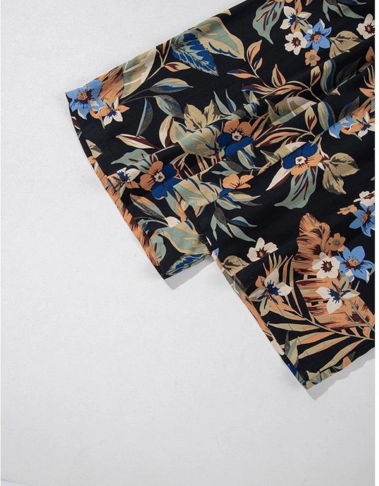 Multicolour Floral Shirred High Waist Wide Leg Pants with Tie