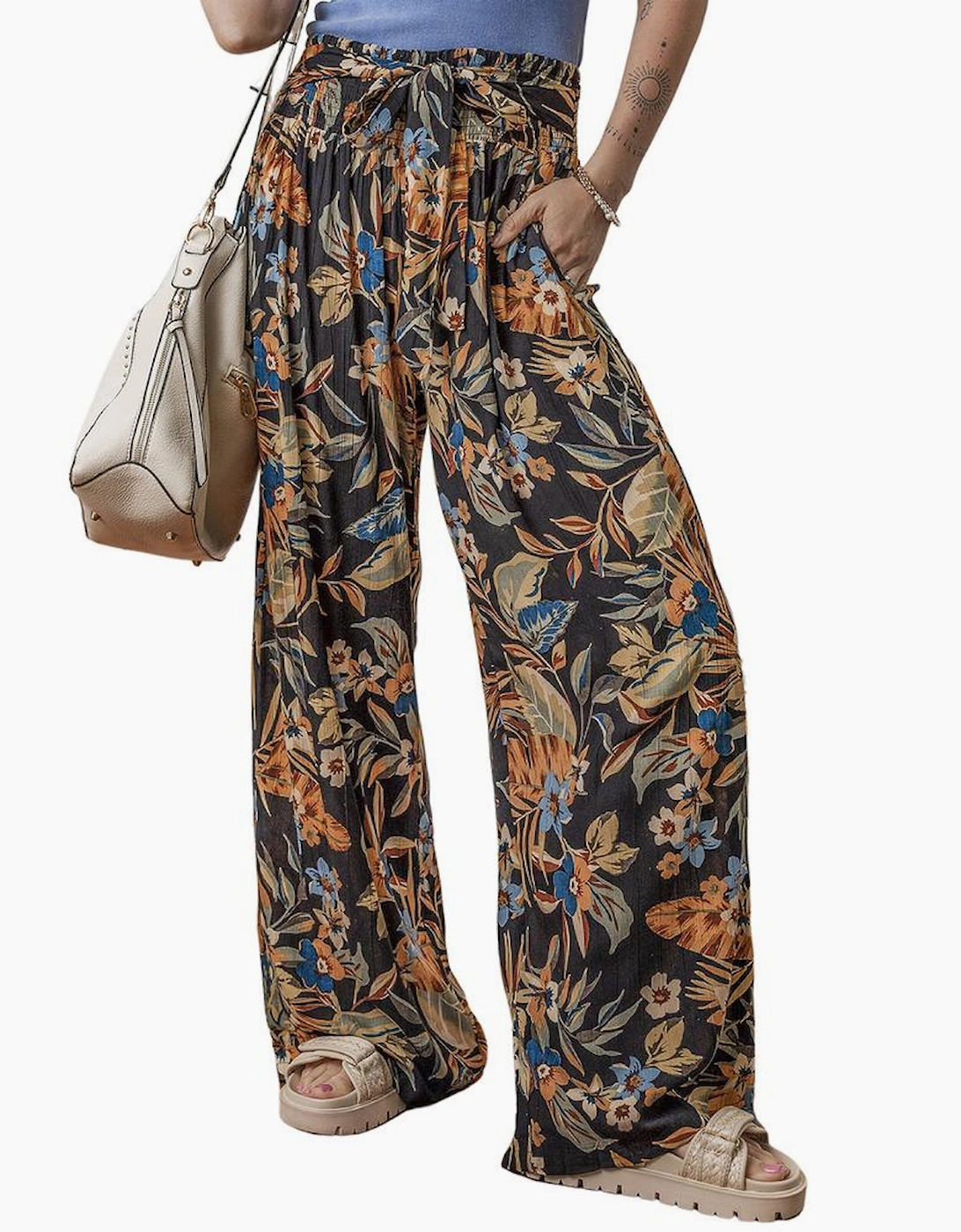 Multicolour Floral Shirred High Waist Wide Leg Pants with Tie