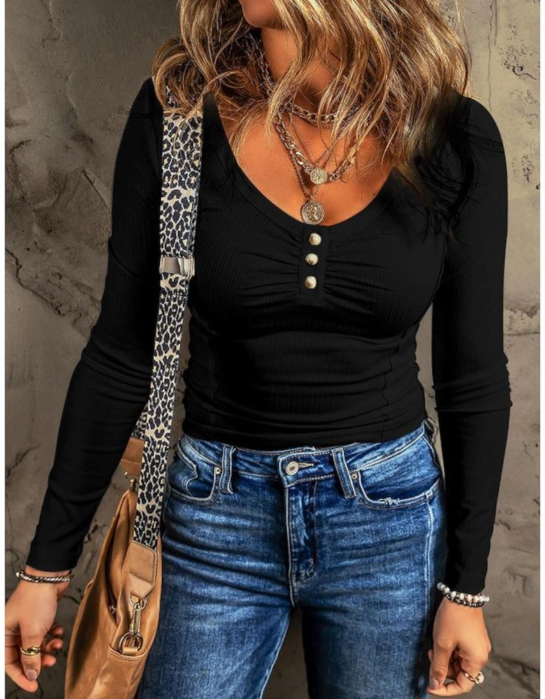 Black Textured Long Sleeve Slim Henley Top