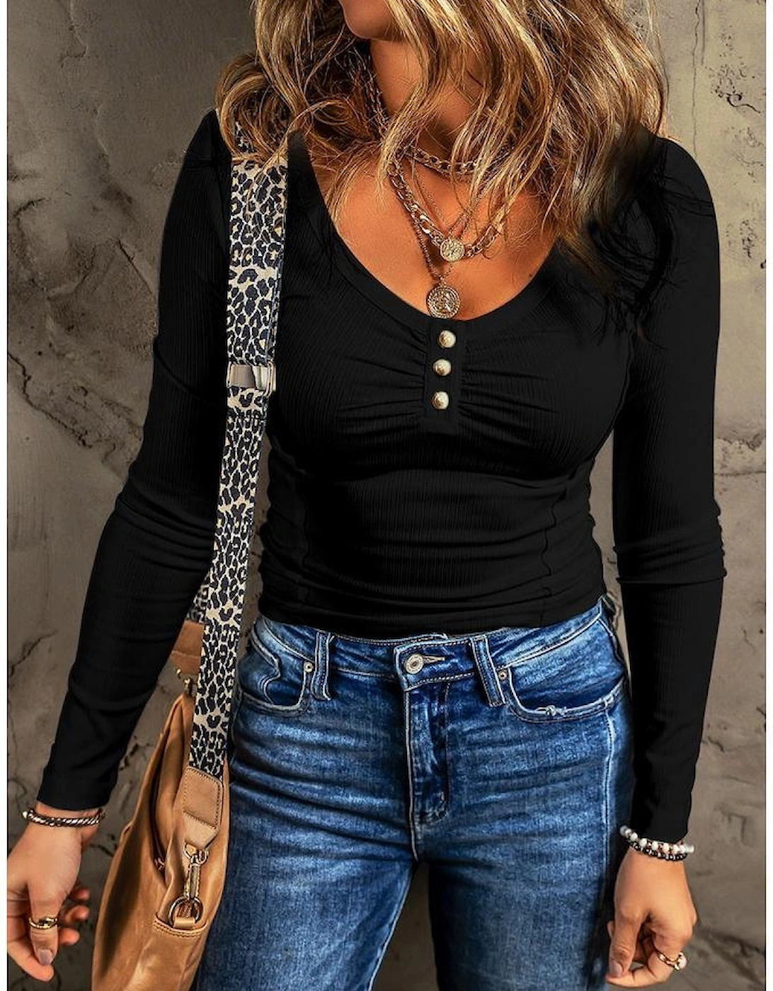 Black Textured Long Sleeve Slim Henley Top