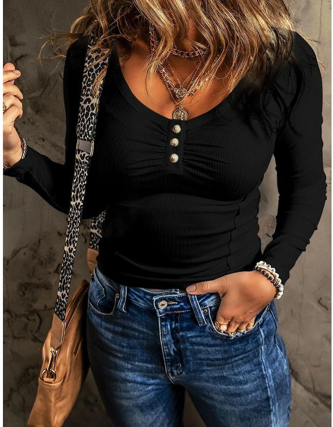 Black Textured Long Sleeve Slim Henley Top