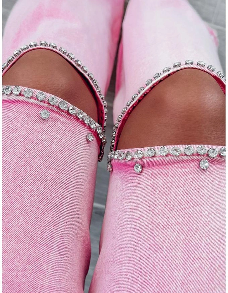 Pink High Waist Rhinestone Cutout Wide Leg Jeans