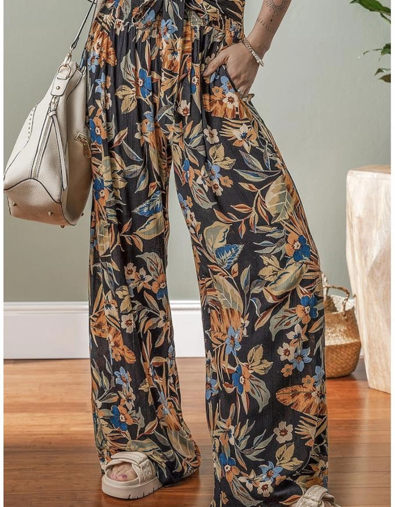 Multicolour Floral Shirred High Waist Wide Leg Pants with Tie