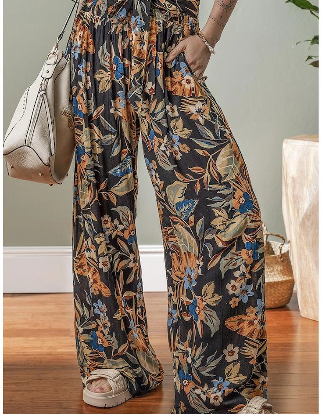 Multicolour Floral Shirred High Waist Wide Leg Pants with Tie