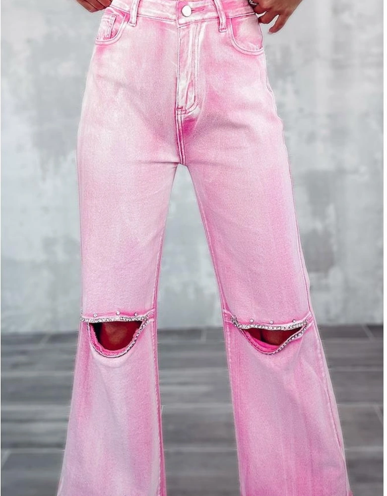 Pink High Waist Rhinestone Cutout Wide Leg Jeans