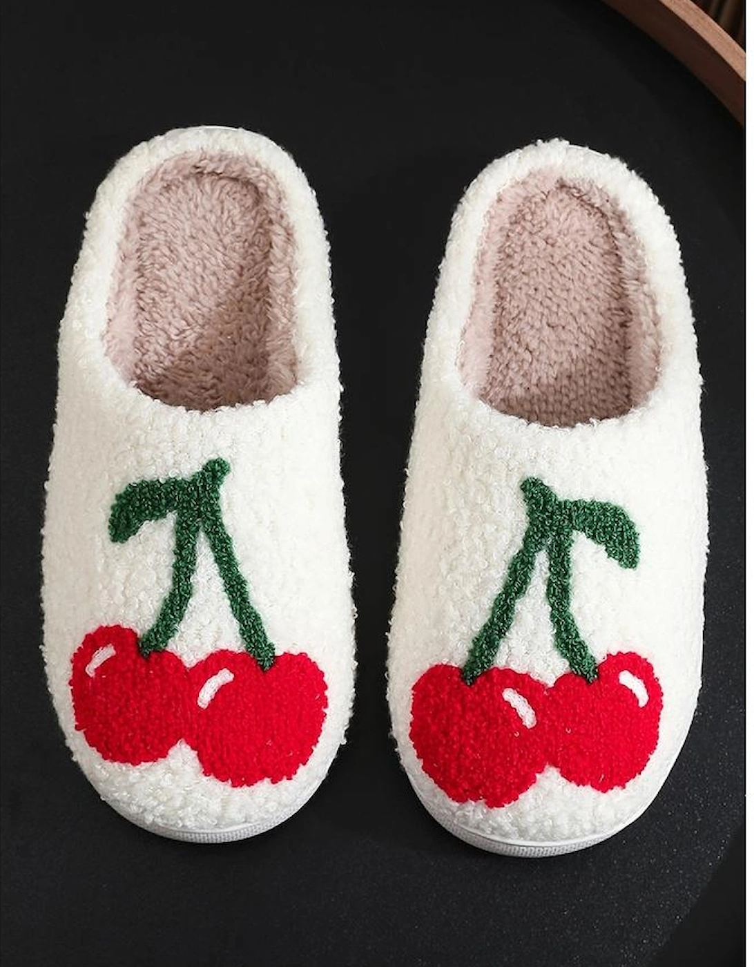 Azura Exchange White Cute Fruit Cherry Pattern Winter Plush Slippers