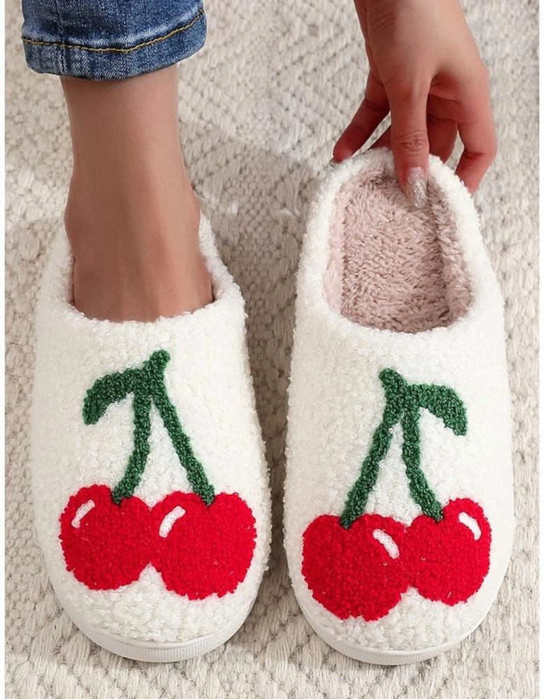Azura Exchange White Cute Fruit Cherry Pattern Winter Plush Slippers