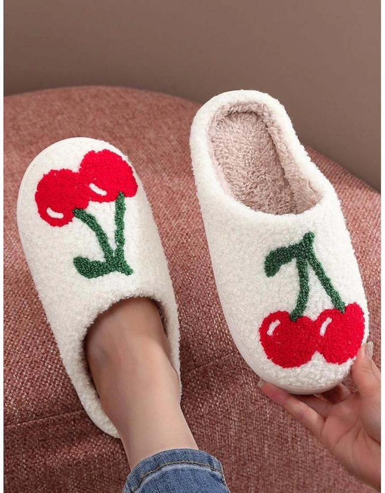 Azura Exchange White Cute Fruit Cherry Pattern Winter Plush Slippers