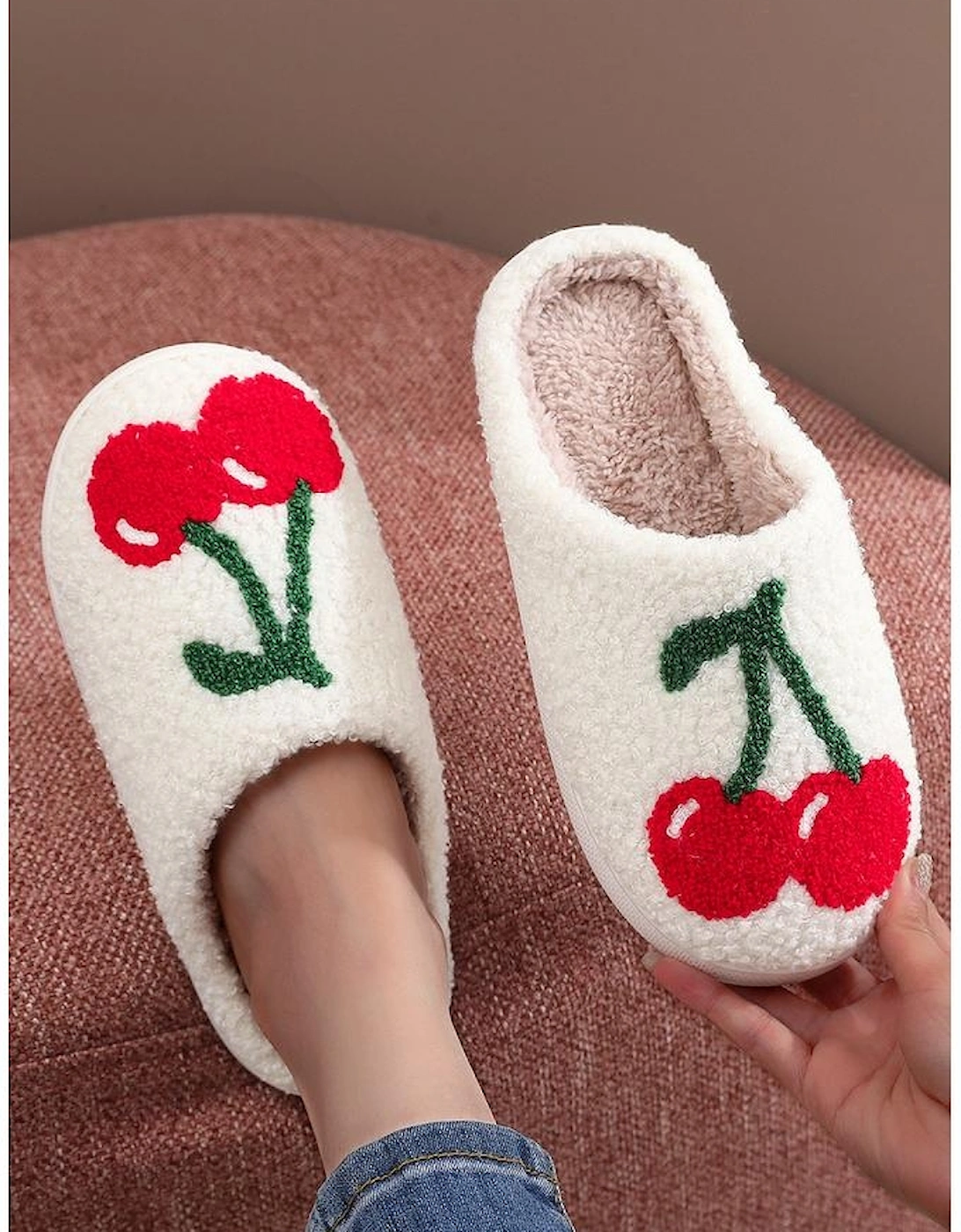 Azura Exchange White Cute Fruit Cherry Pattern Winter Plush Slippers