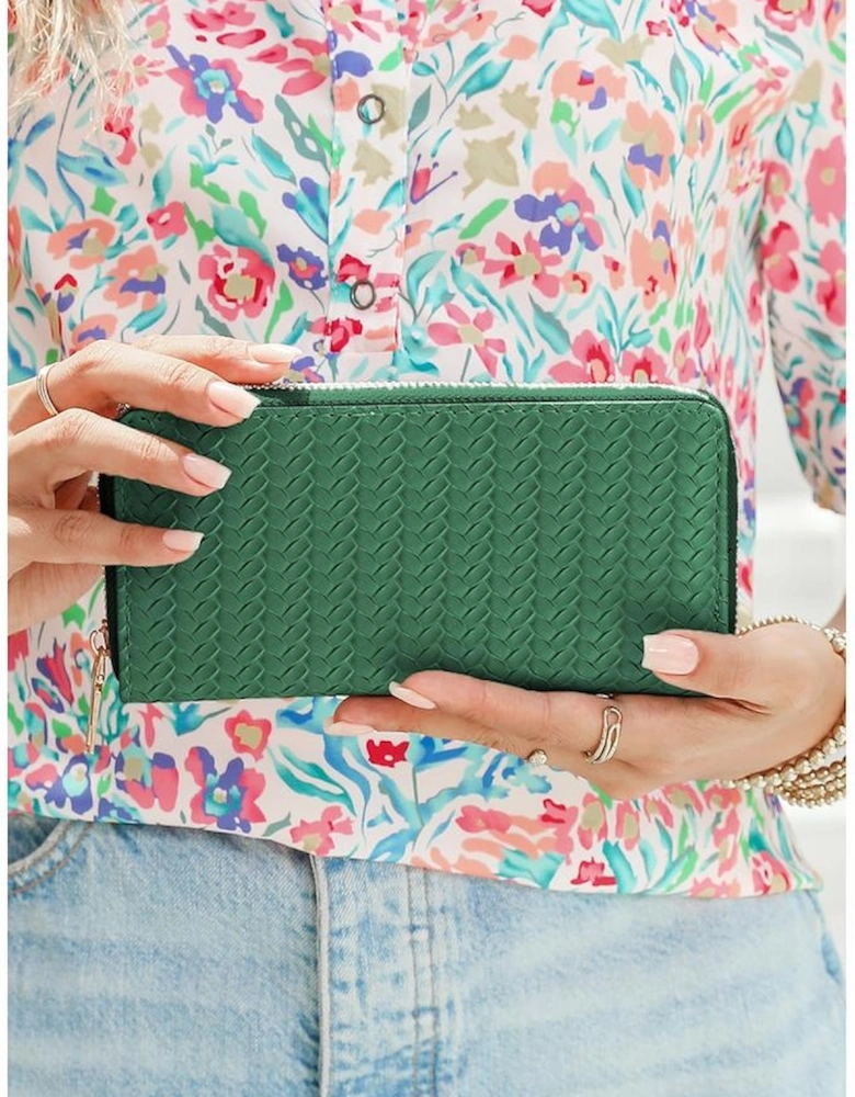 Blackish Green Woven Textured Zip Around Long Wallet