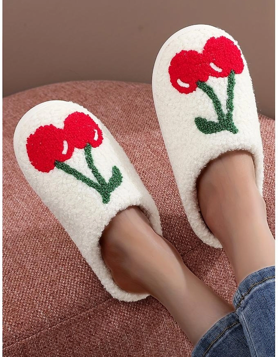 Azura Exchange White Cute Fruit Cherry Pattern Winter Plush Slippers