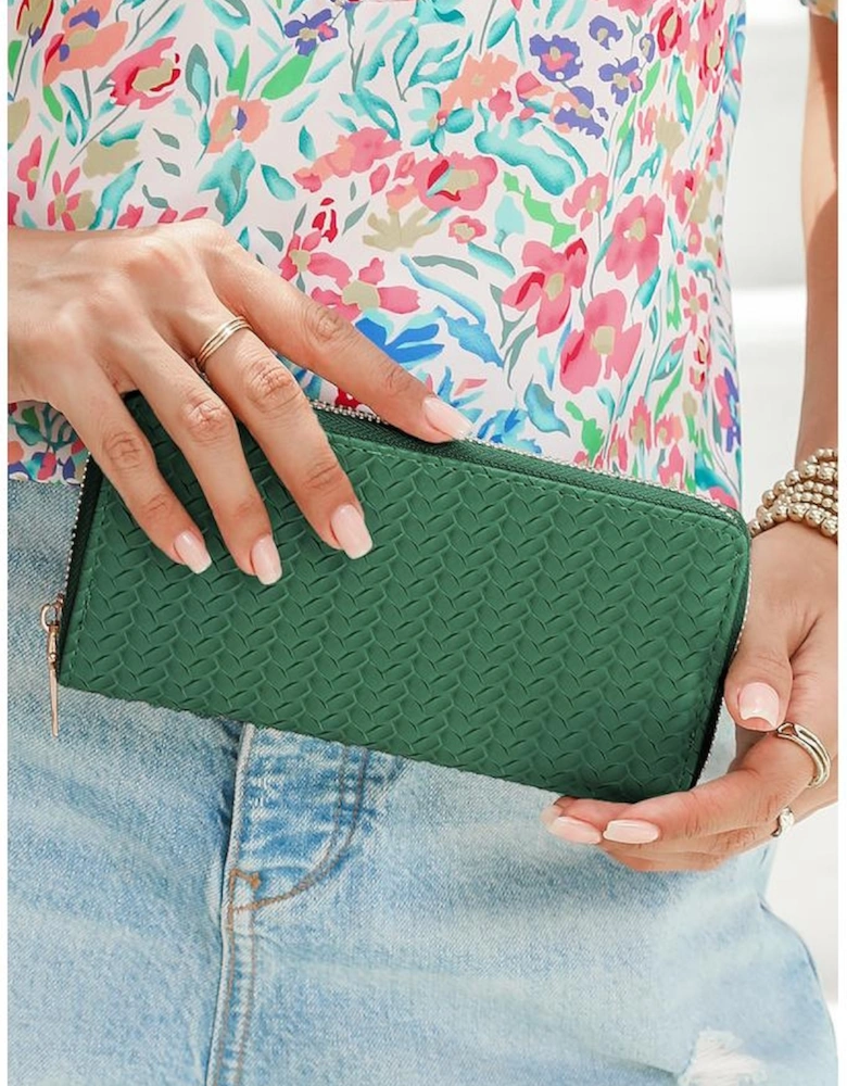 Blackish Green Woven Textured Zip Around Long Wallet