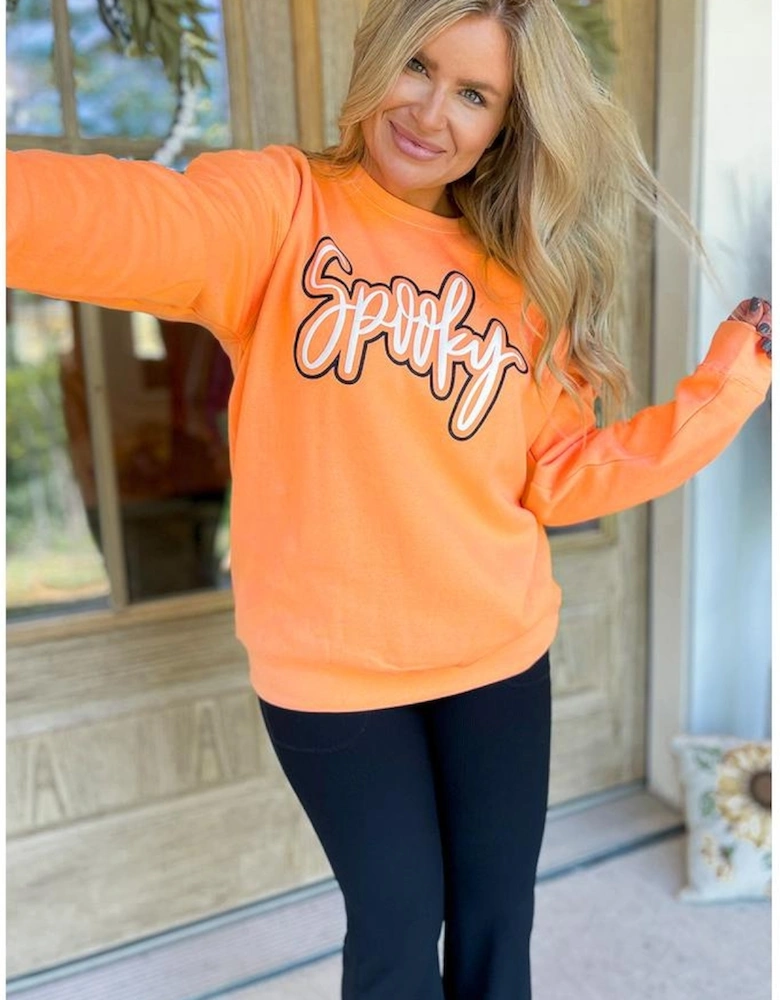 Grapefruit Orange Spooky Graphic Halloween Crew Neck Holiday Sweatshirt