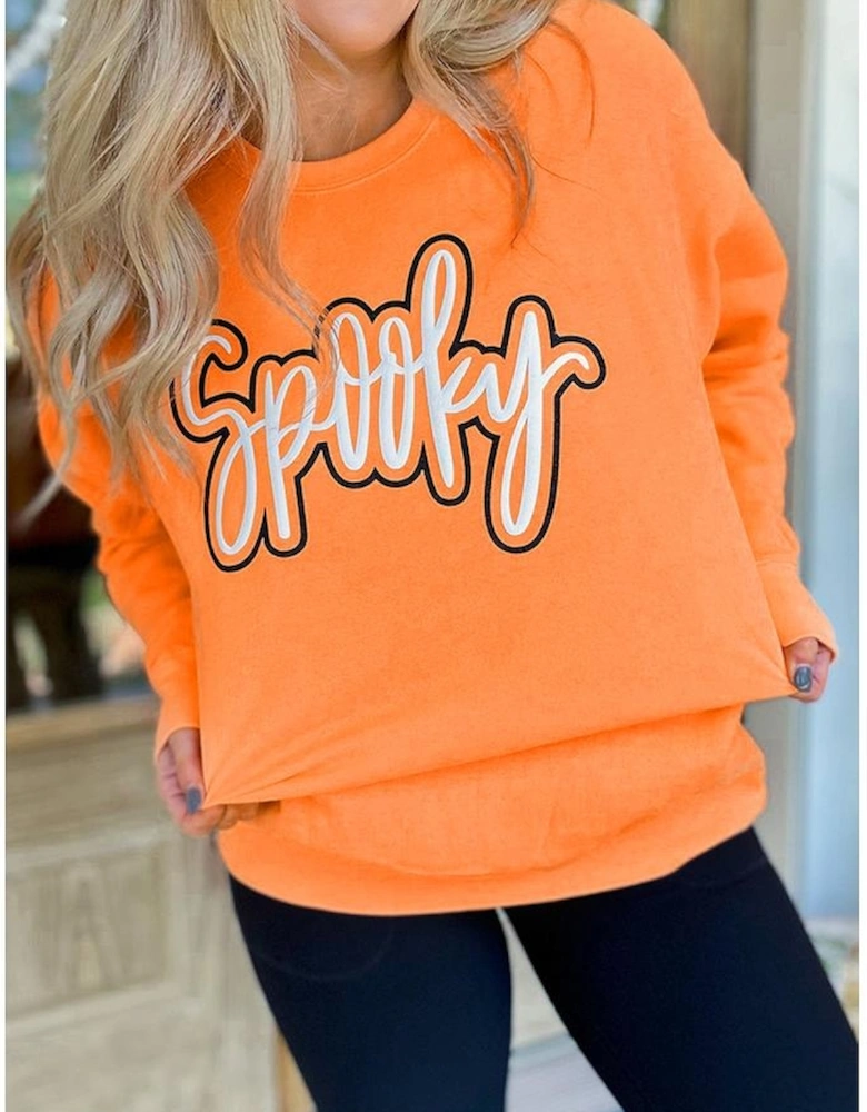 Grapefruit Orange Spooky Graphic Halloween Crew Neck Holiday Sweatshirt