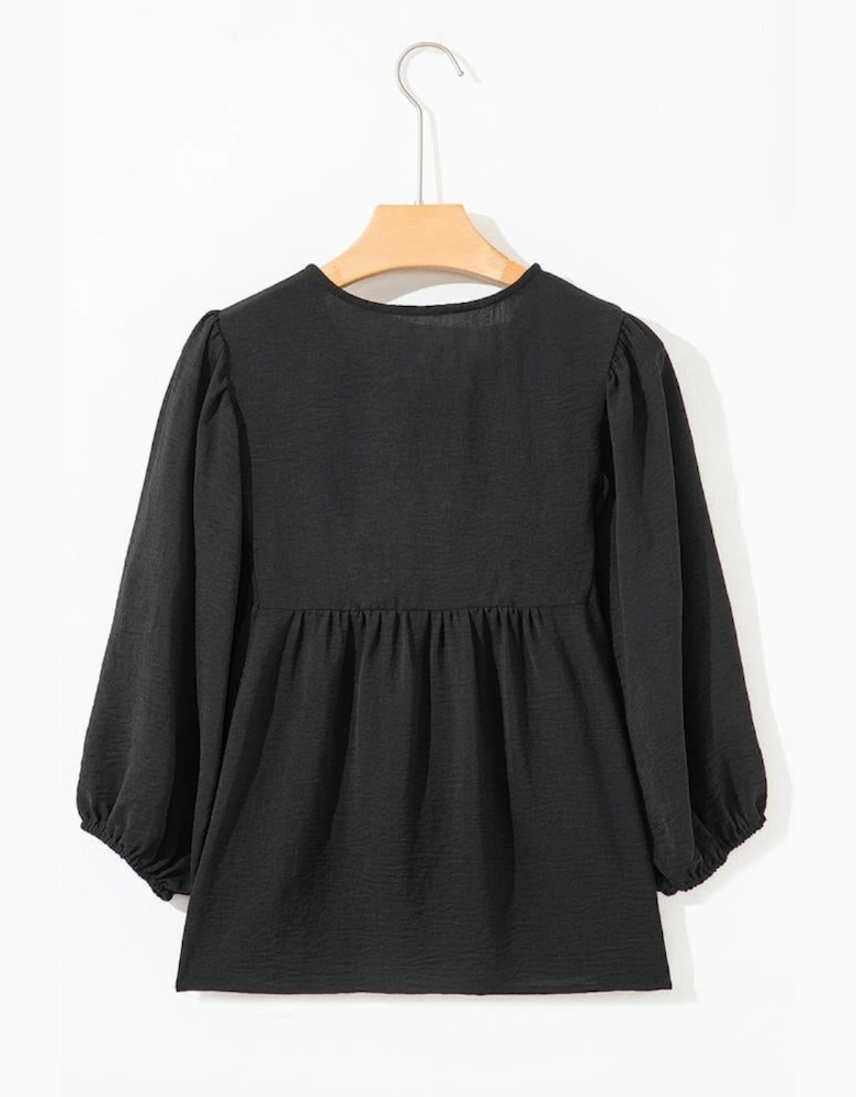 Black Bow Tie Neck 3/4 Sleeve Casual Blouse