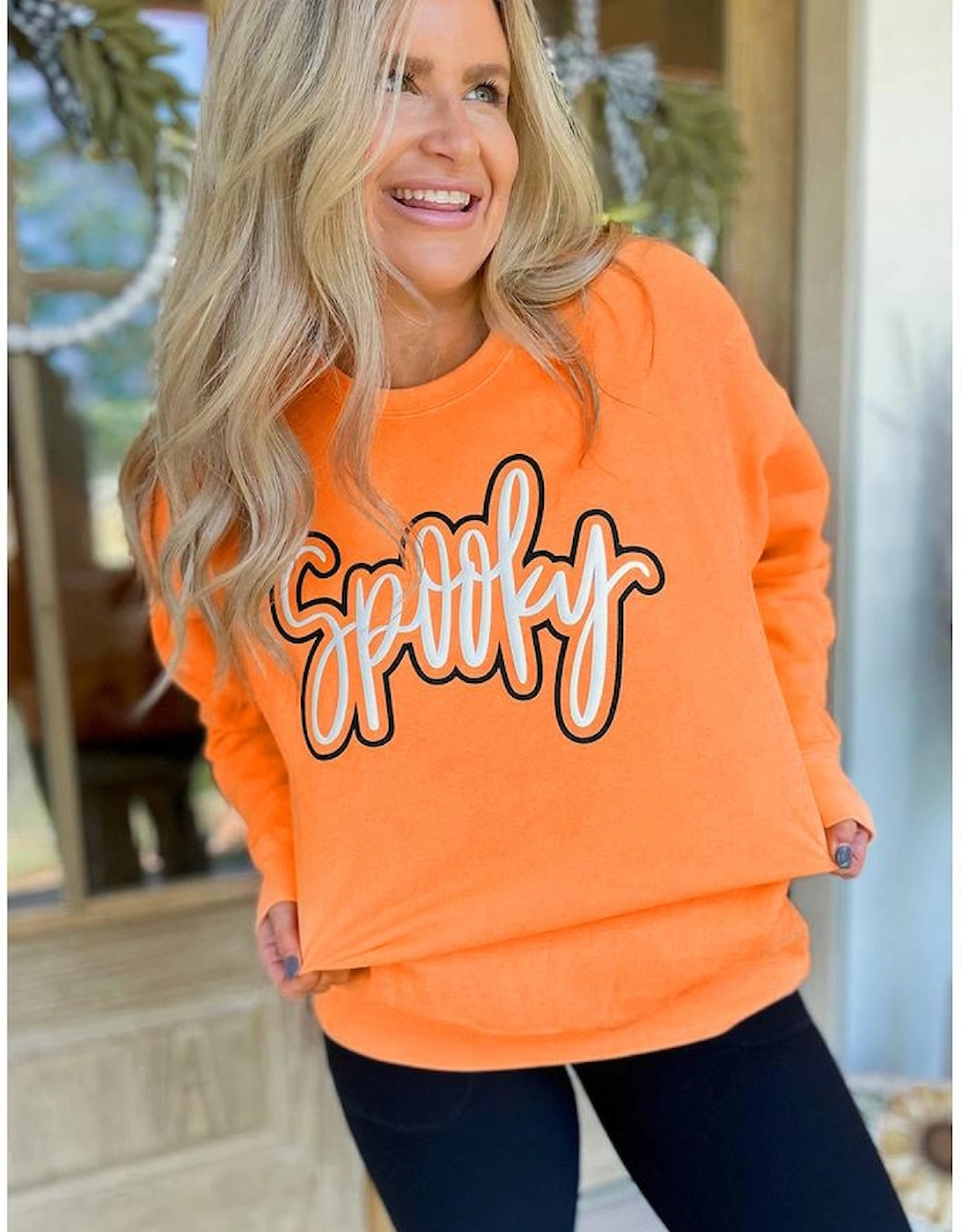 Grapefruit Orange Spooky Graphic Halloween Crew Neck Holiday Sweatshirt