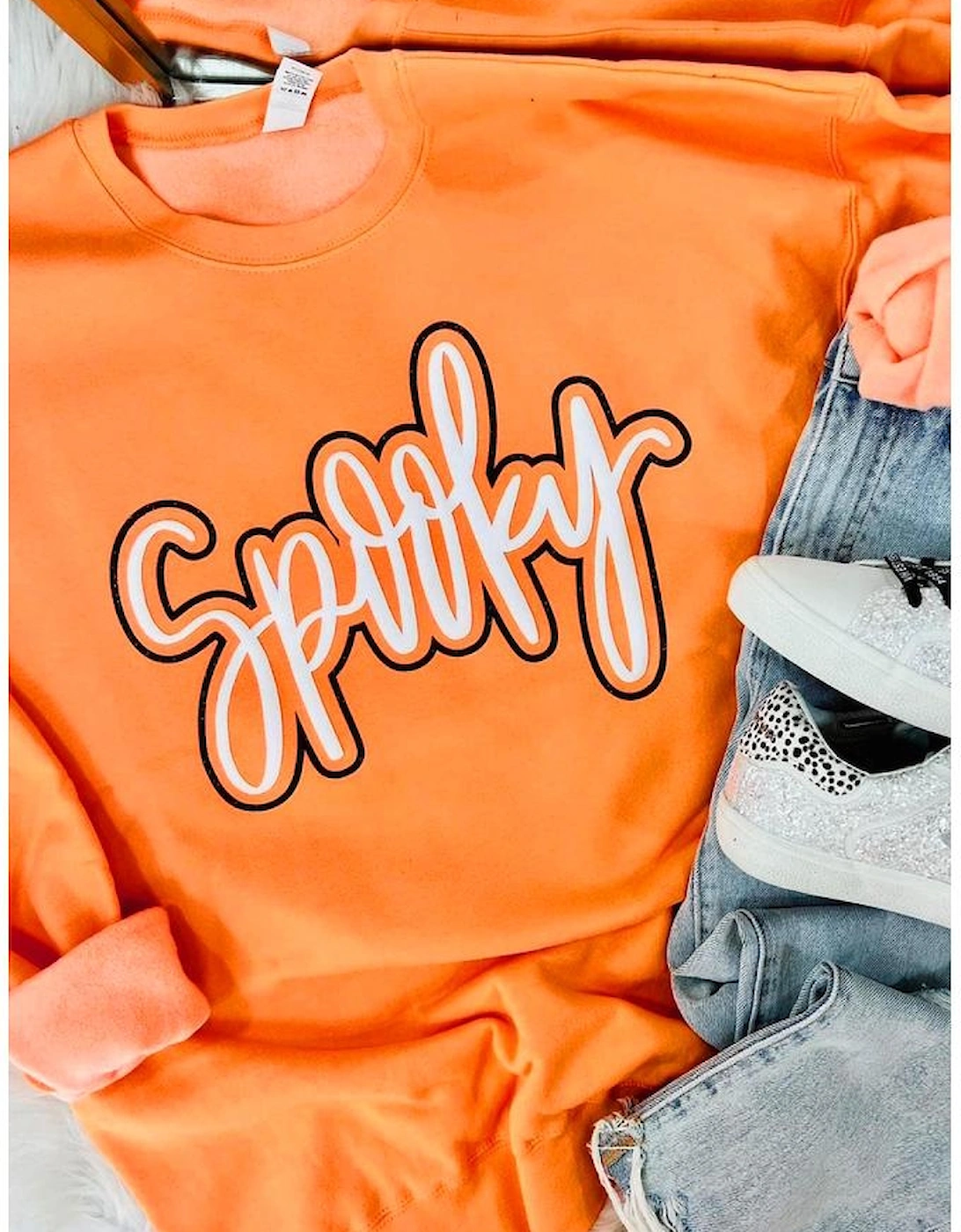 Grapefruit Orange Spooky Graphic Halloween Crew Neck Holiday Sweatshirt