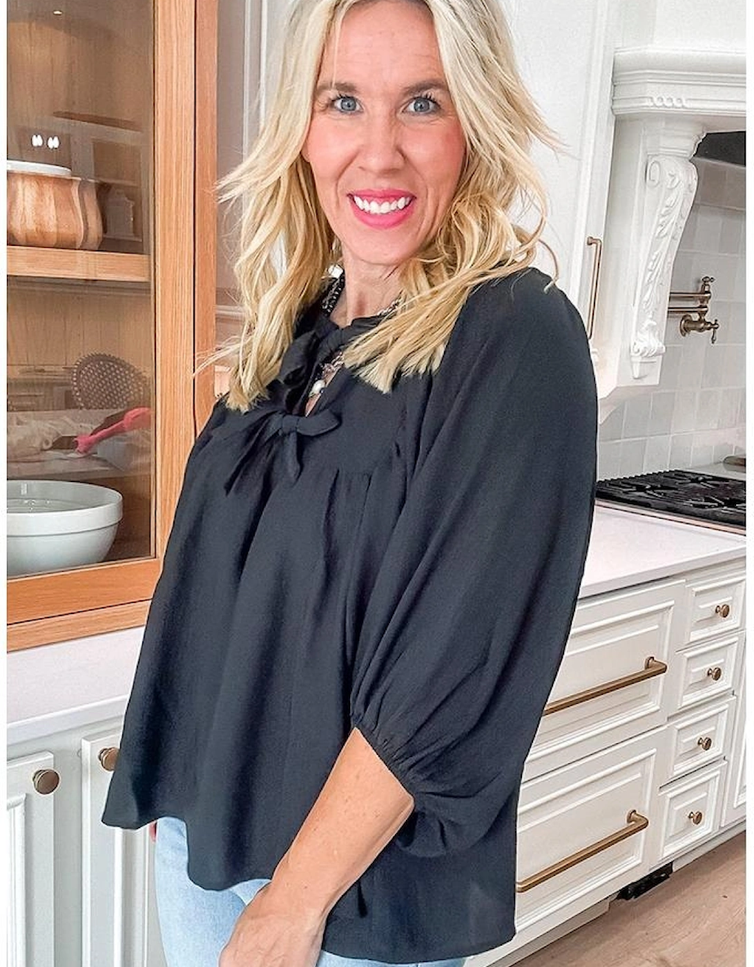 Black Bow Tie Neck 3/4 Sleeve Casual Blouse, 11 of 10