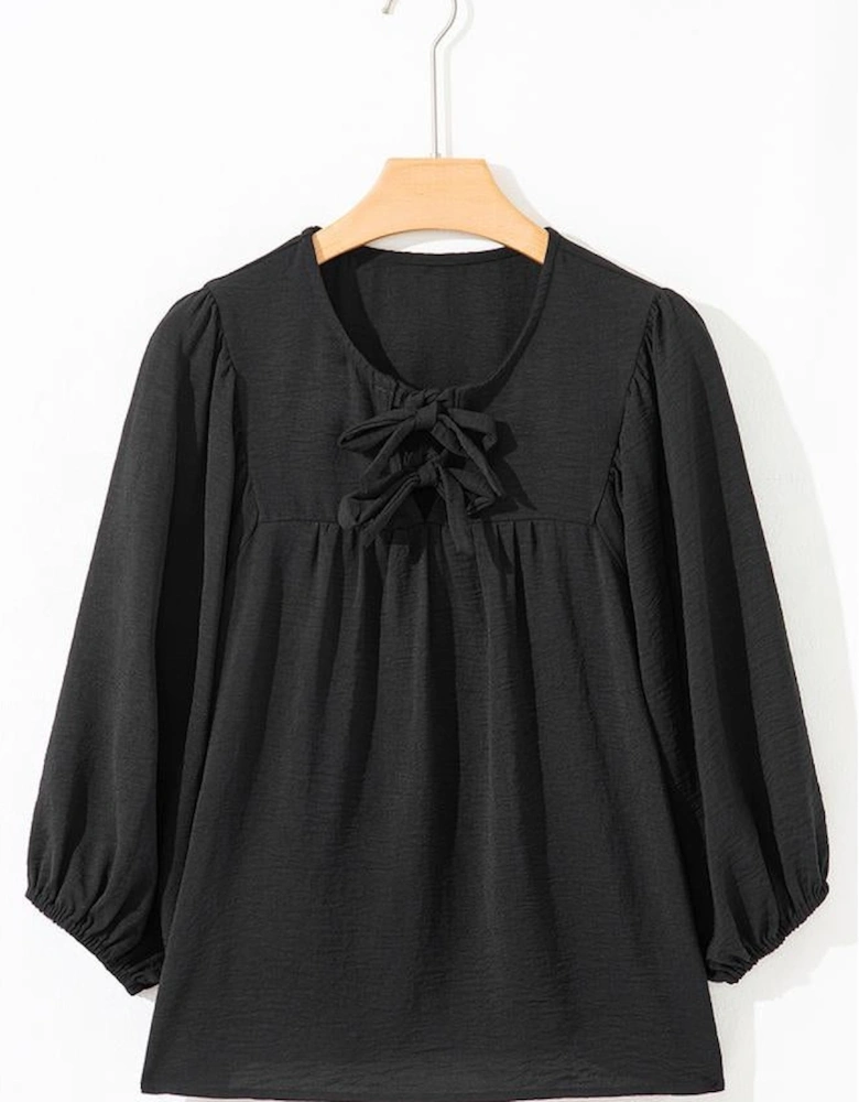 Black Bow Tie Neck 3/4 Sleeve Casual Blouse
