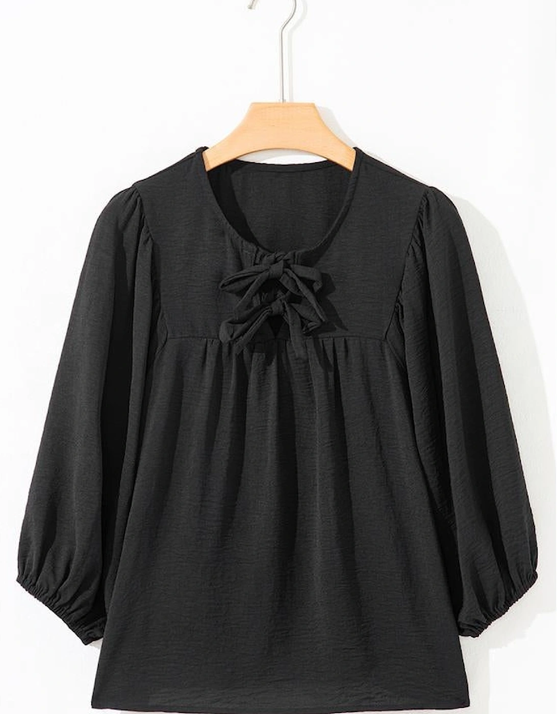 Black Bow Tie Neck 3/4 Sleeve Casual Blouse
