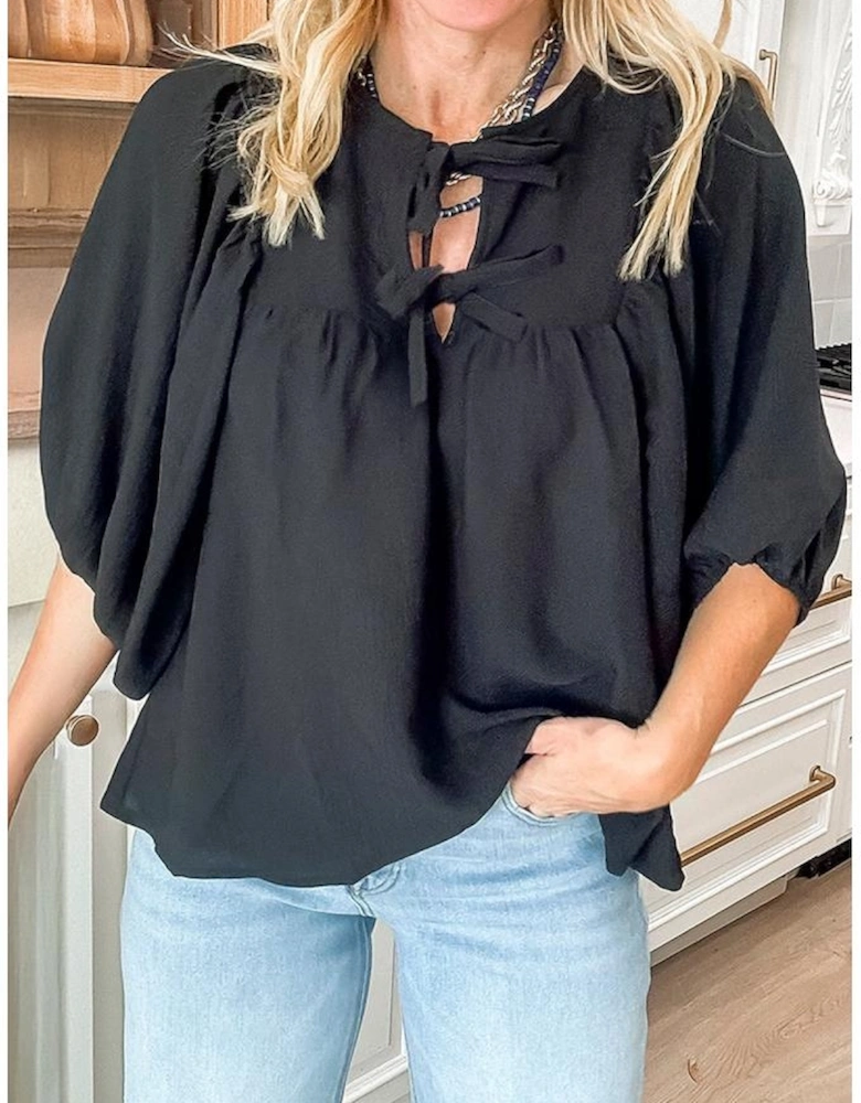 Black Bow Tie Neck 3/4 Sleeve Casual Blouse