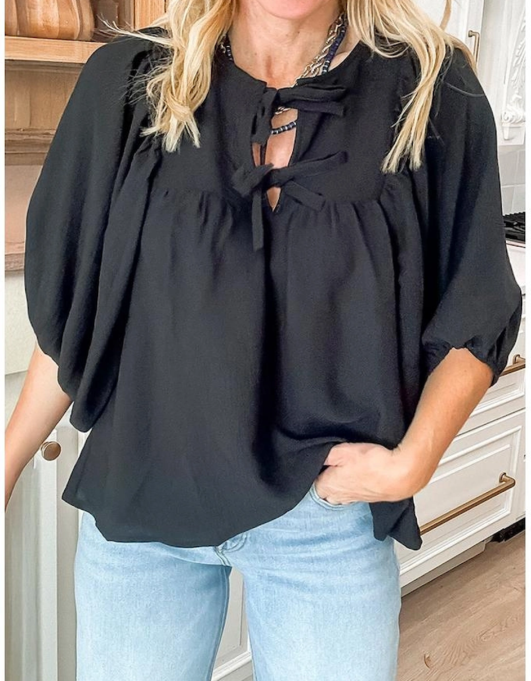 Black Bow Tie Neck 3/4 Sleeve Casual Blouse